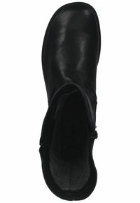 Black leather ankle boot with a rounded toe, side zipper, and soft inner lining. Smooth texture with minimal detailing.