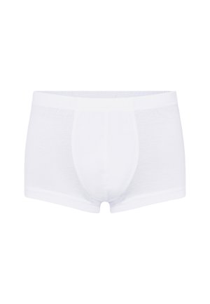 White cotton boxer briefs with a soft, smooth texture. Features a mid-thigh length, elastic waistband, and a contoured pouch front.