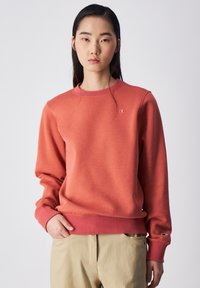 Sudadera coral de manga larga con puños y dobladillo acanalados. Presenta un pequeño logotipo bordado en el pecho y una textura suave.