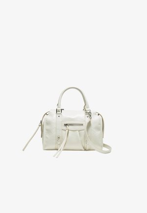 Borsa a mano in pelle bianca con doppie maniglie, tasca frontale con cerniera e tracolla lunga regolabile, mostrata su sfondo bianco.