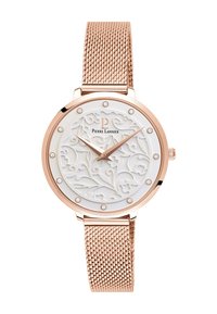 Reloj redondo blanco con un intrincado patrón floral, caja en oro rosa y correa de malla. Ocho marcadores de hora con pequeños diamantes como acentos.
