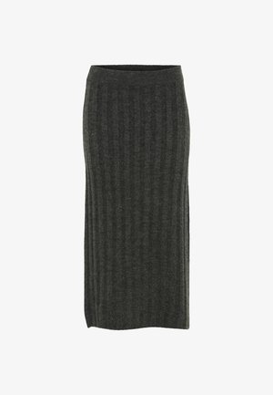 Jupe en tricot côtelé gris foncé de longueur mi-longue avec une taille ajustée. La texture lisse et le détail de fente sur le côté rehaussent le design.