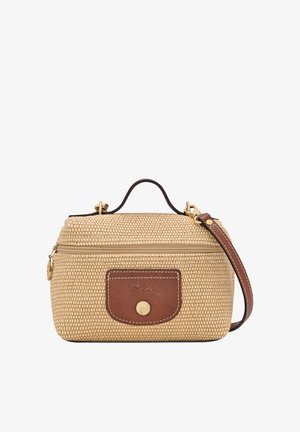 Kleine rechteckige gewebte beige Handtasche mit braunen Lederakzenten, oberem Griff, Vordertasche, goldfarbenem Reißverschluss und verstellbarem Riemen.