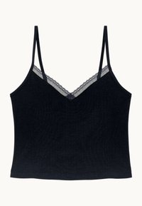 Camisole noire avec des bretelles fines, décolleté en V et ornements en dentelle le long du cou. Fabriquée en tissu doux et texturé pour le confort.