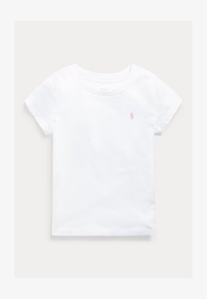 T-shirt bianca da donna a maniche corte, con scollo tondo e piccolo logo Polo rosa ricamato sul petto sinistro.