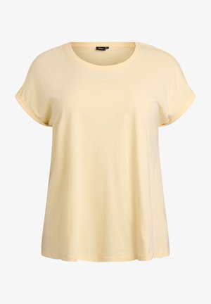 T-shirt à col rond et manches courtes en tissu doux de couleur jaune clair. Comprend des ourlets retroussés et une coupe décontractée, avec une texture lisse.