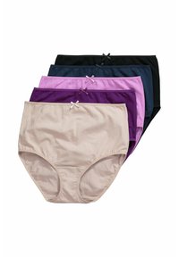 Tre paia di slip a vita alta in beige, viola chiaro, viola scuro, blu marine e nero, con fiocchi sul bordo della vita. Materiale in cotone.