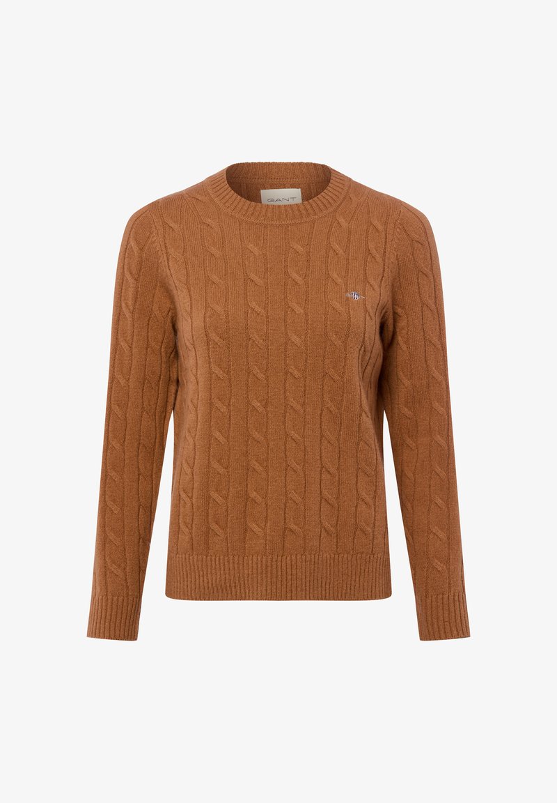 Brown cable knit sweater with a round neckline and ribbed hem. Features an embroidered logo on the chest and long sleeves. Soft texture.