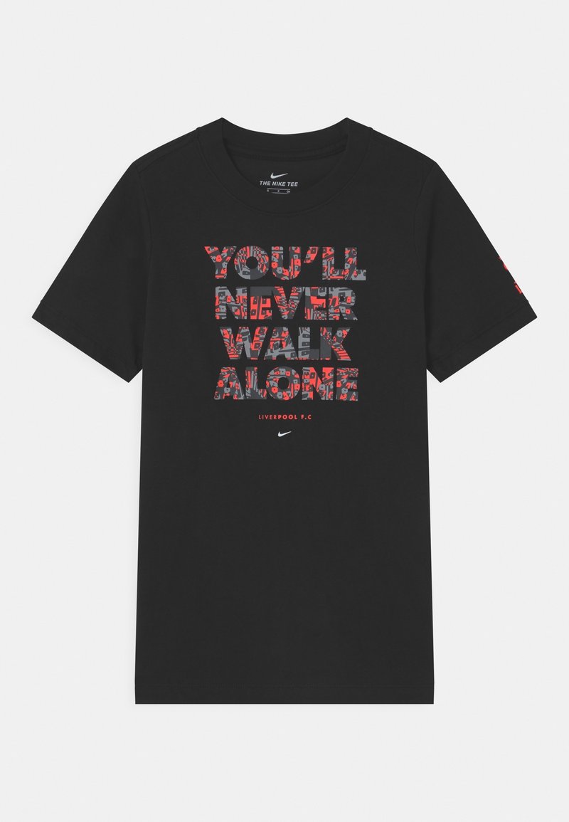 Svart kortärmad Nike t-shirt med "You'll Never Walk Alone" i röd och grå mönstrad text och "Liverpool F.C." nedanför på framsidan.