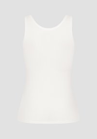 Weißes Tanktop aus glattem Baumwollmaterial mit rundem Ausschnitt und breiten Trägern, das eine figurbetonte Silhouette und einen sauberen Saum aufweist.