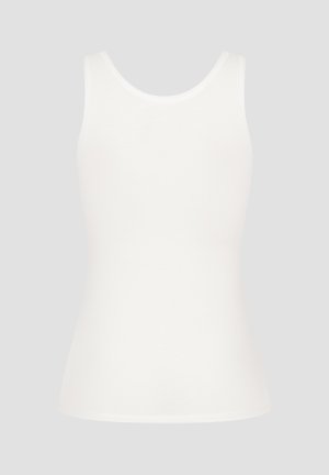 Weißes Tanktop aus glattem Baumwollmaterial mit rundem Ausschnitt und breiten Trägern, das eine figurbetonte Silhouette und einen sauberen Saum aufweist.