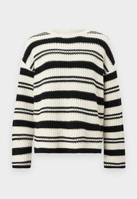 Mustvalge horisontaalselt triibuline kootud sviiter pikade varrukatega ja ümmarguse kaelusega.