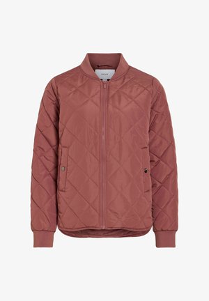 Veste bomber matelassée couleur rose poudré, avec fermeture éclair, poignets côtelés, poches latérales et finition douce et texturée.