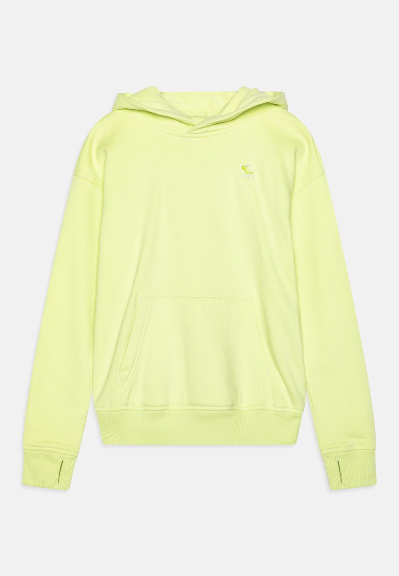 Hooded sweatshirt in bright neon green, made of soft fabric. Features a front pocket, ribbed cuffs, and an embroidered logo on the chest.