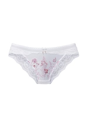 White lace women's panties with delicate pink floral embroidery and a small front bow detail.
