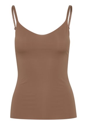 Camisola marrone aderente con una superficie liscia, scollatura ampia a girocollo e spalline regolabili. Design semplice senza motivi o decorazioni.