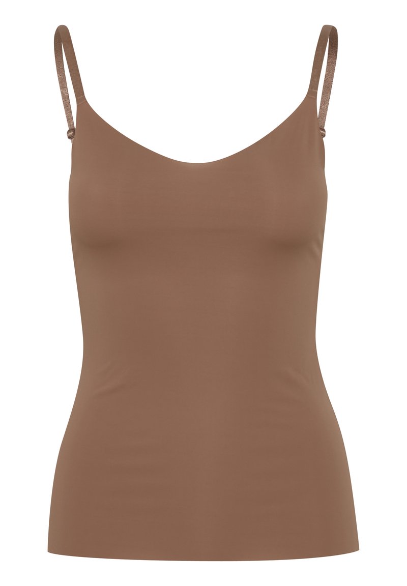 Camisola marrone aderente con una superficie liscia, scollatura ampia a girocollo e spalline regolabili. Design semplice senza motivi o decorazioni.