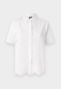 White short-sleeve shirt featuring embroidered cut-out design and scalloped hem. Made of lightweight cotton fabric with button front closure.