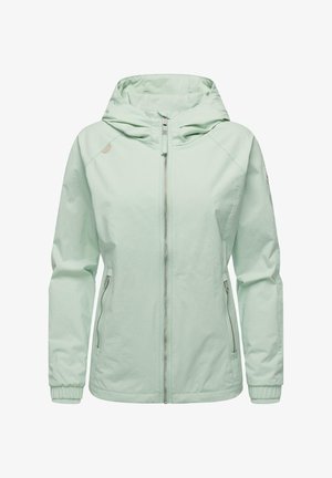 Lysegrønn hettejakke med frontglidelås, glidelåslommer på sidene og elastiske mansjetter på lange ermer.