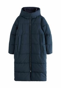 Manteau rembourré bleu foncé avec une capuche, doté d'une fermeture éclair à l'avant, de deux poches latérales et d'un design matelassé avec des coutures horizontales. Texture douce.