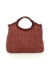 Borsa bordeaux testurizzata con aspetto intrecciato, manici superiori rotondi e forma strutturata. Presenta dettagli in pelle marrone e chiusura con cerniera.