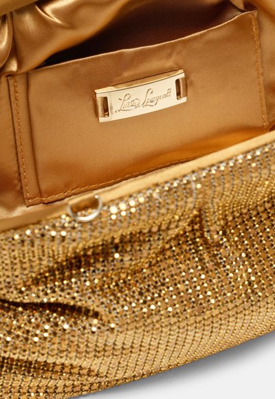 Gold sequined clutch bag interior with a satin lining; features a metal brand plate and a top closure with a loop. Smooth, shiny texture.
