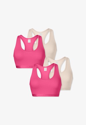 Dvoubalení sportovních podprsenek v růžové a béžové barvě. Hladký, elastický materiál s designem racerback a měkkým elastickým pásem na spodní straně.
