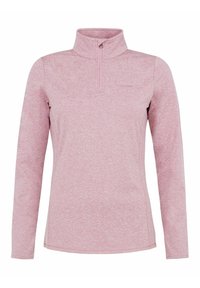 Ljusrosa långärmad tröja med halvvindkrage, tillverkad av texturerat tyg. Har ett subtilt melerat mönster och en åtsittande design.