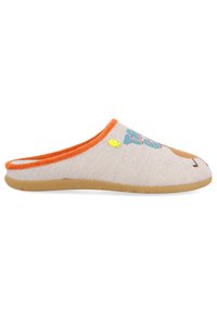 Chausson en tissu gris clair avec des bords orange, présentant un design d'animal souriant et des accents colorés sur la semelle. Texture plate et douce.