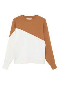 Maglione con un design a blocchi di colore, con un arancione bruciato sulla spalla sinistra e bianco sul lato destro, realizzato in tessuto strutturato.