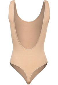 Hautfarbener Bodysuit mit Rundhalsausschnitt und tiefem Rücken, aus glattem Stoff gefertigt. Verfügt über einen hoch geschnittenen Beinausschnitt und minimalistische Nahtdetails.