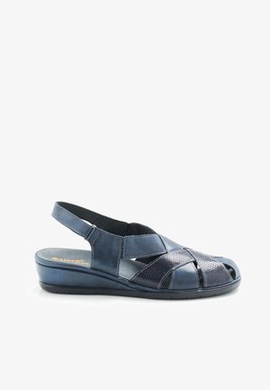 Navy blue leather sandal with a closed back and open toe. Textured accent panels and stitched detailing. Low wedge heel design.