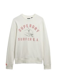 Felpa color crema in misto cotone con polsini a coste, presenta una grafica sbiadita di un surfista e testo "SUPERDRY SURFER C.A." in rosso.