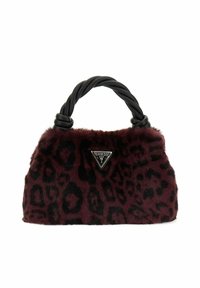 Sac à main en fausse fourrure bordeaux avec un motif léopard noir, anses torsadées noires et un accent logo triangulaire noir. Forme compacte et arrondie.
