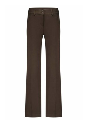 Bruine, wijde broek met een gladde textuur, twee voorzakken en een tailleband met twee knopen voor sluiting.