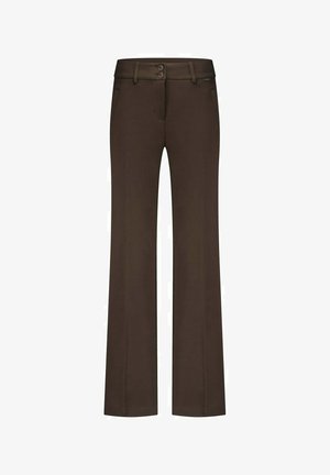 Bruine, wijde broek met een gladde textuur, twee voorzakken en een tailleband met twee knopen voor sluiting.