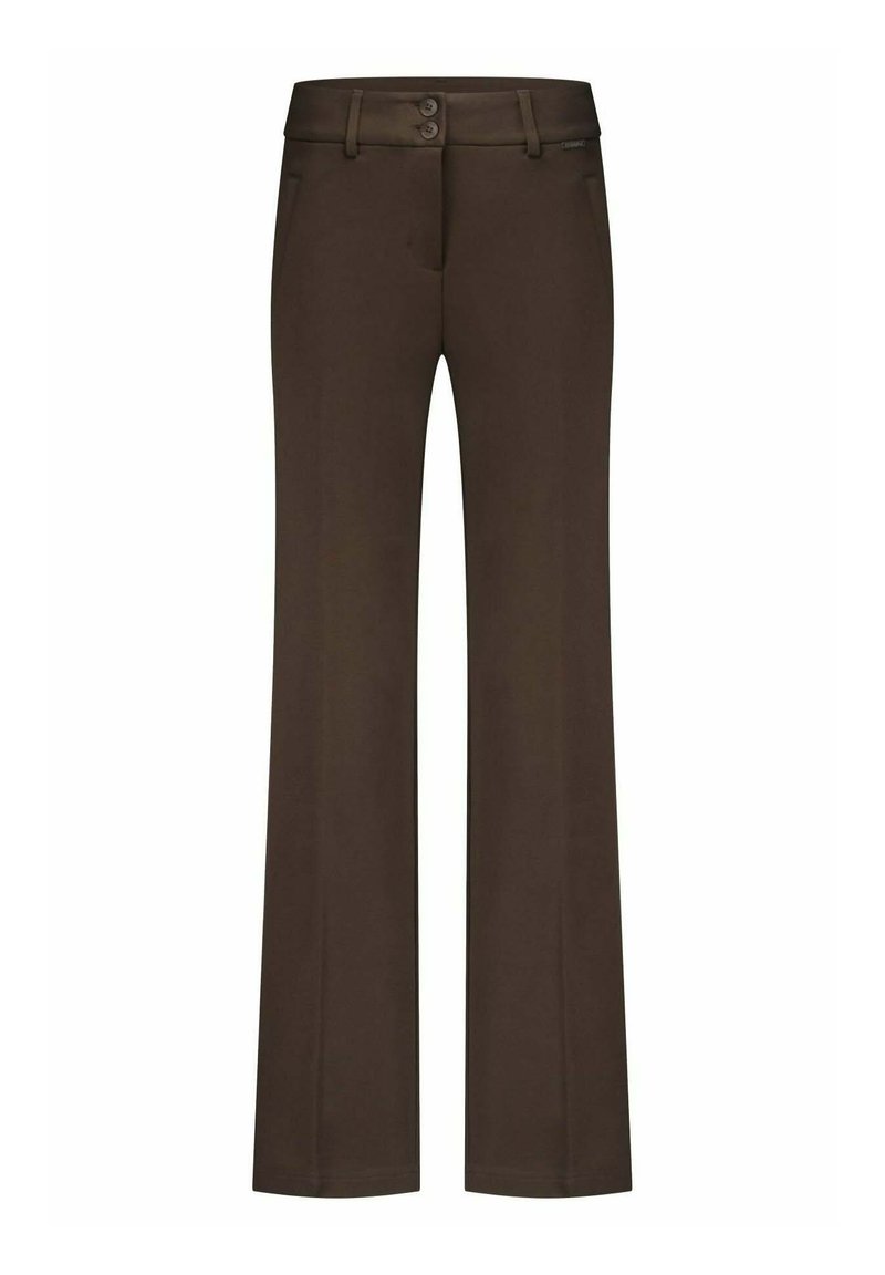 Bruine, wijde broek met een gladde textuur, twee voorzakken en een tailleband met twee knopen voor sluiting.