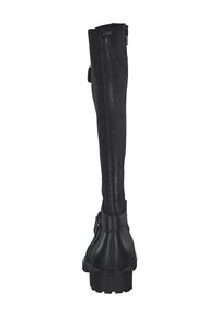 Bottes noires hautes avec une partie inférieure en cuir et un dessus en tissu texturé. Semelle en caoutchouc épaisse et fermeture éclair pour un enfilage facile.