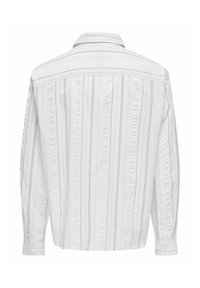 Witte shirt met smalle blauwe verticale strepen, button-down kraag, lange mouwen en een iets gestructureerde stof. Achteraanzicht getoond.