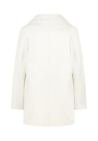 Witte lange mouwen jas met brede kraag, rechte snit en zichtbare centrale naden aan de achterkant, getoond vanuit de achteraanzicht.