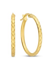 Gold hoop earrings featuring a textured, hammered finish. They have a latch closure and a smooth round shape, measuring approximately 1 inch in diameter.