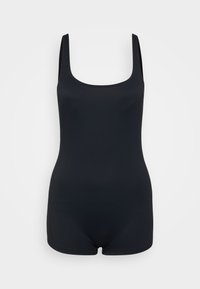 Svart rillede badedrakt med firkantet utringning, brede stropper og et tettsittende design. Stoffet har en glatt tekstur og myk overflate.