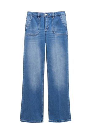 Light blue wide-leg jeans made from denim, featuring a button front, two front pockets, and subtle fading. Straight cut from waist to hem.