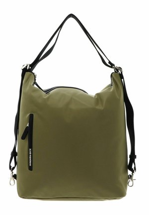 Grand sac à épaule vert olive avec des sangles noires réglables et une poche zippée verticale à l'avant.