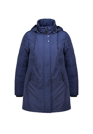 Navyblauwe gewatteerde jas met een hoge kraag en capuchon, voorzien van ritssluitingen in de zijzakken en zwarte trekkoorden. Glad, lichtgewicht materiaal.