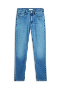 Ανοιχτό μπλε τζιν στενής εφαρμογής με μπροστινό κουμπί και φερμουάρ, πέντε τσέπες και διακριτική ξεθώριαση στους μηρούς και τα γόνατα.