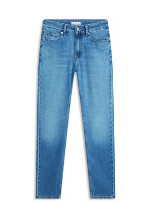 Ανοιχτό μπλε τζιν στενής εφαρμογής με μπροστινό κουμπί και φερμουάρ, πέντε τσέπες και διακριτική ξεθώριαση στους μηρούς και τα γόνατα.