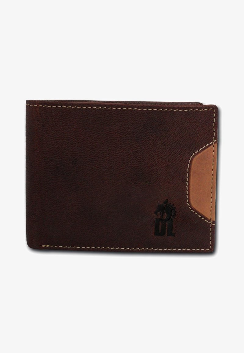 Portefeuille en cuir marron foncé avec des accents marron clair, présentant une surface texturée, des coutures beige et un logo en relief sur un côté.