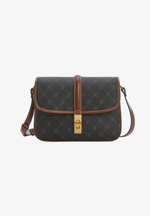 Bolso bandolera marrón y gris oscuro con cierre dorado, textura estampada y correa de hombro ajustable.