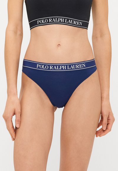 Slip bikini in cotone blu navy con elastico bianco a contrasto "POLO RALPH LAUREN", caratterizzati da una superficie liscia e un taglio classico.